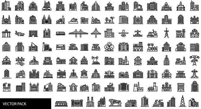 Collection of Various Building Icons and Symbols.