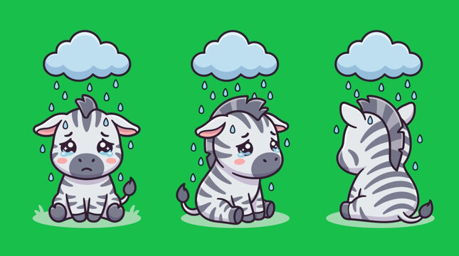Cute Cartoon Zebras Under Rain with Sad Expressions on Green Background.