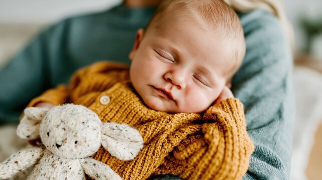 A serene image of a sleeping baby in an orange knitted sweater, cradled in a person's arms with a cozy soft toy, representing innocence, warmth, and tranquility in home life.