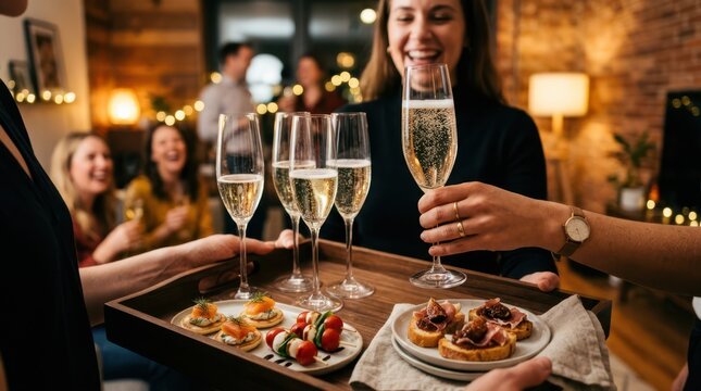 A close-up of drinks and snacks on a tray during a housewarming party, with friends and a modern apartment interior blurred in the background.