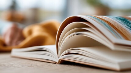 Fototapeta premium An artistic view of an open book displaying vibrant colors and textures, evoking a sense of creativity and imagination, perfect for literary-themed projects.