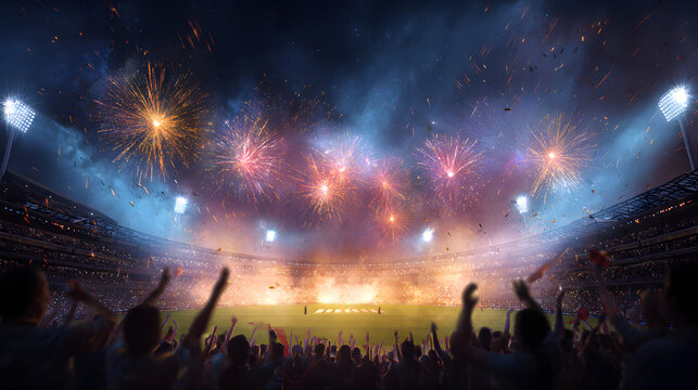 Fireworks in the cricket stadium after winning the tournament and the World Cup.