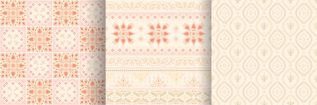 A set of ethnic patterns in pastel colors for decorating textiles and clothing. Ajrakh batic prints.