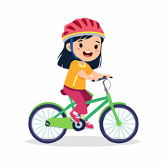 Fototapeta premium Cartoon Girl Riding a Bicycle with Helmet