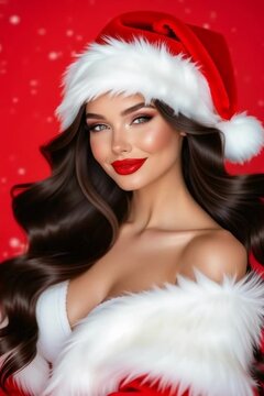 Beautiful sexy model, young woman in Santa Claus costume on red background with falling snow.