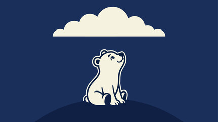 Cute cartoon bear cub sitting under a fluffy cloud simple vector illus © Alifia