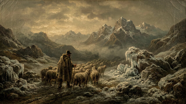 Alpine Shepherd and Sheep Crossing Mountain Stream - The Dawn Crossing Materic Oil Painting