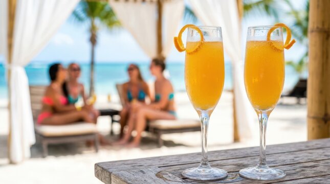 Fresh mimosas held during a morning brunch at a beach resort cabana, highlighting the bright citrus colors and a soft blurred coastal background with friends.