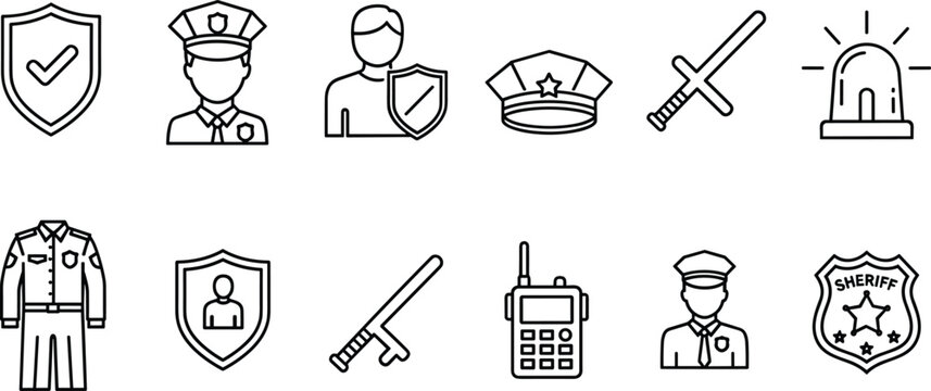 Set of Police and Law Enforcement Icons Including Shields, Officers, Sirens, and Tools for Security, Protection, and Public Safety Digital Media Designs
