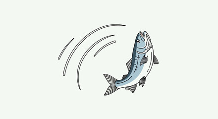 Fototapeta premium A lively fish leaps from the water, caught in a moment of energetic motion with dramatic curved lines indicating movement and splash