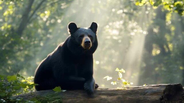 Adorable wild American black bear sitting on a fallen log and basking in the warm morning sun, with beautiful sunbeams filtering through the lush green foliage of the magical forest