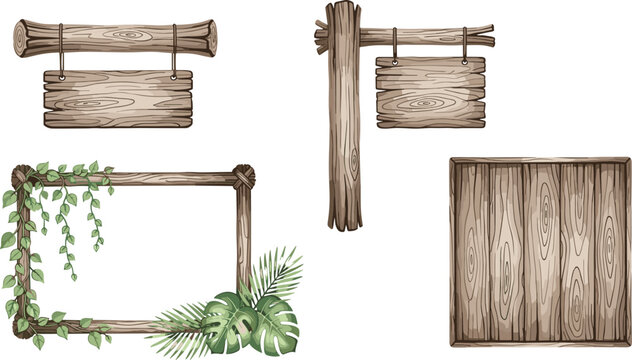 Set of Rustic Wooden Signboards and Frames with Vines and Leaves for Nature, Farmhouse, and Garden-Themed Designs