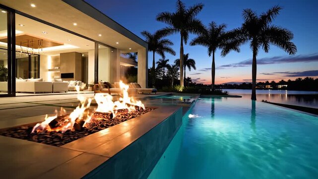Luxury poolside fire pit at dusk perfect for scenic backgrounds and natural storytelling