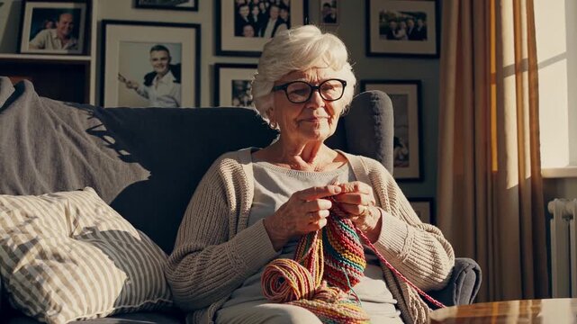 Elderly White Woman Knitting Colorful Yarn Sofa, Grandmother Creating Blanket Project In Sunlit Lounge, Family Photos On Wall, Closeup Of Hands Looping Stitches, Cozy Cushions And Warm Mood, Calm