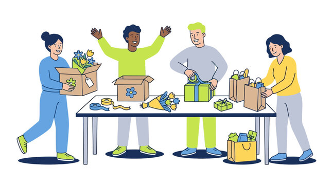 Group of people preparing gifts and floral arrangements on a table in studio