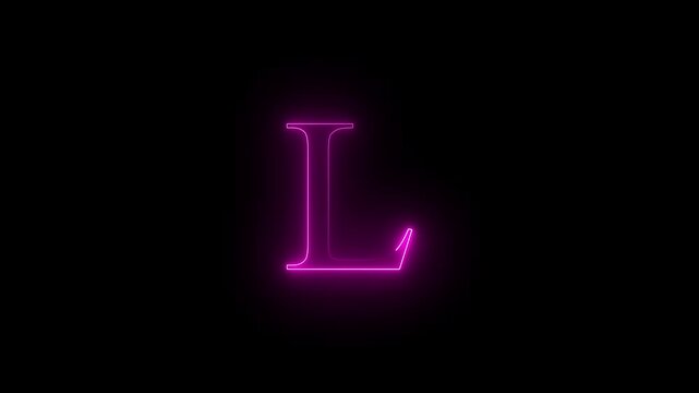 Neon glowing L capital latter text icon animation on black background. Pink color text.