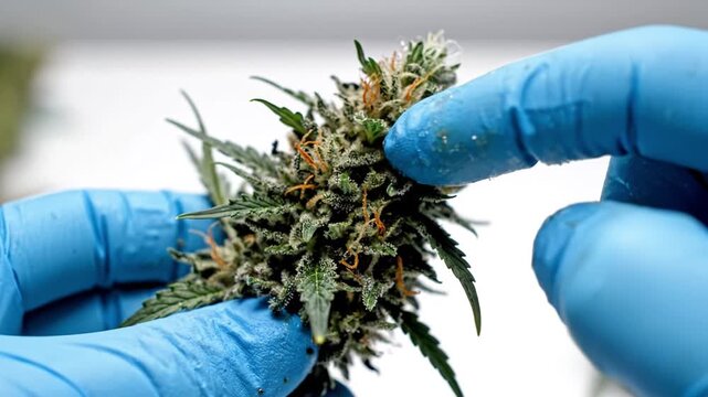 Cannabis bud close up with detailed trichome texture and vibrant orange pistils held by hands wearing blue gloves showcasing medical plant cultivation and natural resin growth for health benefits