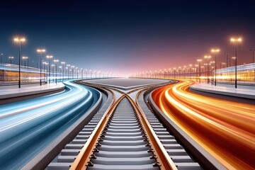 Obraz premium Futuristic train tracks with glowing blue and orange light trails at a night junction