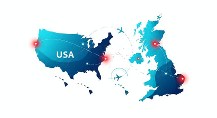 A vibrant vector illustration displays the United States and the United Kingdom maps connected by dotted lines and airplane icons, set against a clean white background © Anggita