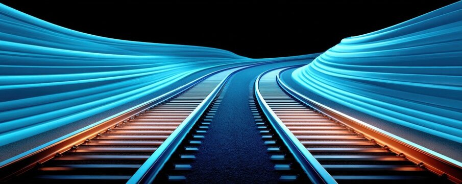 Blue glowing train tracks diverging into two paths, futuristic railway perspective and concept of choice