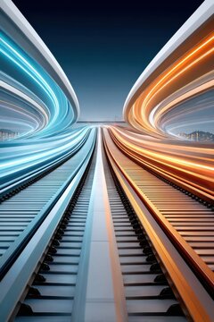 Futuristic diverging train tracks with blue and orange light trails symbolizing speed and choice