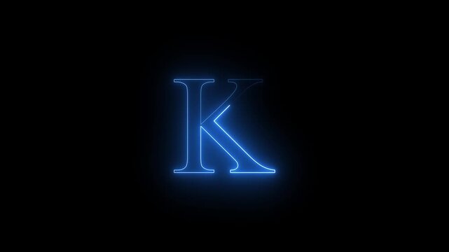 Neon glowing K capital latter text icon animation on black background. Blue color text icon.