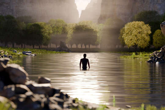 Surreal 3D landscape with a silhouette standing in calm water