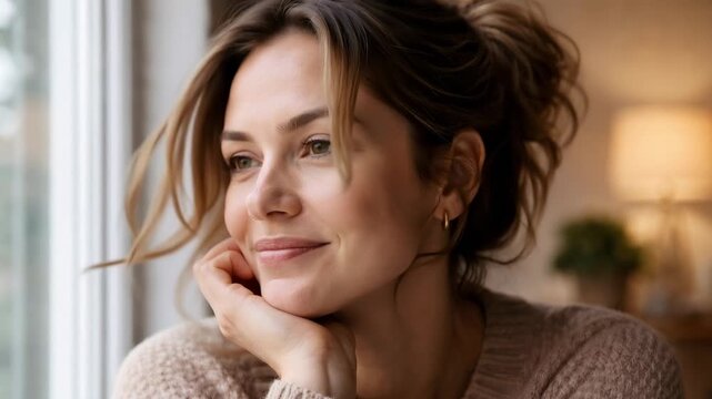 Thoughtful beautiful young woman resting her chin on her hand while looking out the window, dreaming and smiling with a serene expression in a cozy, sunlit living room at home