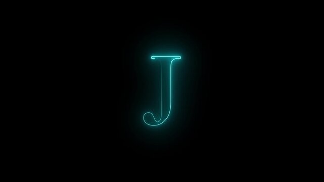 Neon glowing J capital latter text icon animation on black background. Blue color text icon. 