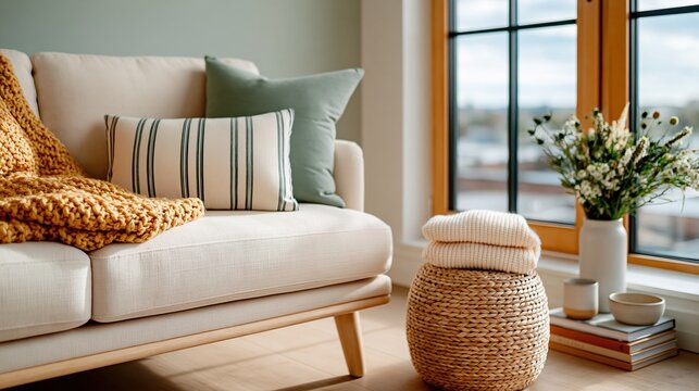 A beautifully arranged living room showcasing soft textiles, stylish cushions, and a warm atmosphere, perfect for relaxation and comforts of home in a modern setting.