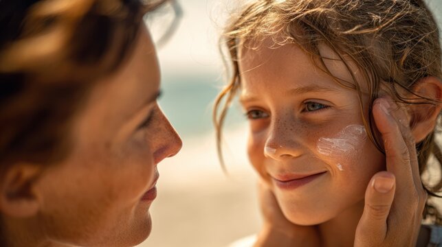 Caring mother applies sunscreen to child&rsquo;s face on sunny beach, gentle skin protection from harmful UV rays, preventing sunburn and lowering skin cancer risk, warm summer family moment