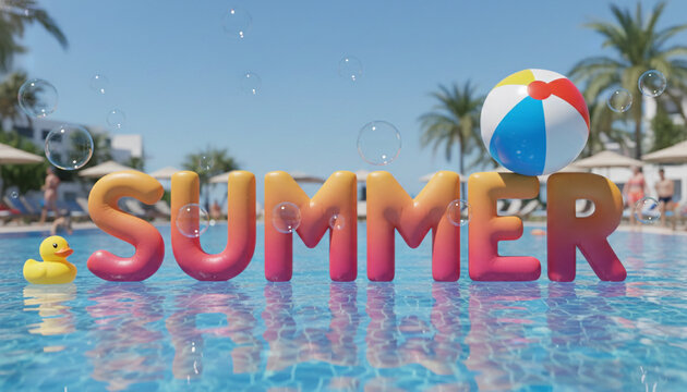 3D rendered letters spelling SUMMER float in a swimming pool, with a beach ball, rubber duck, and bubbles, symbolizing a tropical vacation.