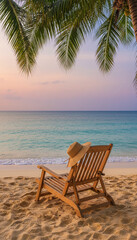 Obraz premium Wooden deck chair with straw hat on a sandy beach, ocean and pastel sky background, symbolizing relaxation, vacation, and tropical escape