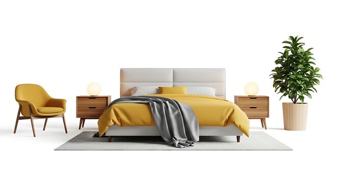 Modern bedroom furniture set with bed and armchair isolated on white background