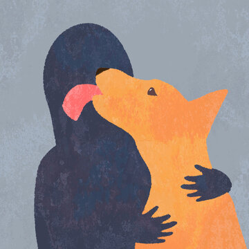 Dog licking owner's face in friendly vector illustration
