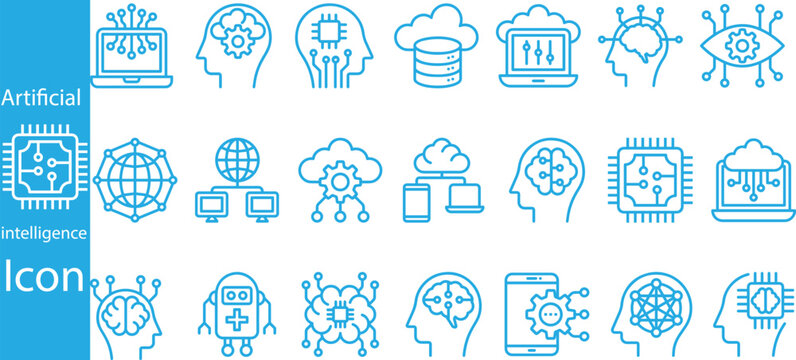 artificial intelligence line icons set.modern technology concepts learning, neural networks, robotics, automation, data processing,minimal outline style, perfect for UI/UX design, mobile apps