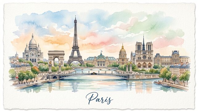 Elegant watercolor depiction of the Paris skyline featuring iconic monuments and serene river views capturing the city's