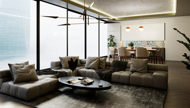 Modern open space interior with large living room