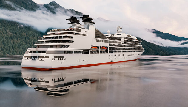 Modern cruise ship sailing through a tranquil mountain fjord