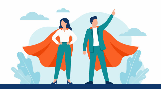 Business man and woman in superhero capes, symbolizing success and leadership