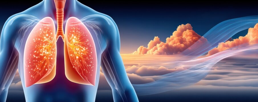 Digital illustration of lungs and respiratory system glowing to represent breathing, health and pulmonary function