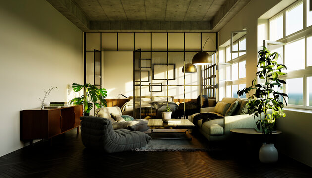 Modern minimalistic living room interior with sunlight