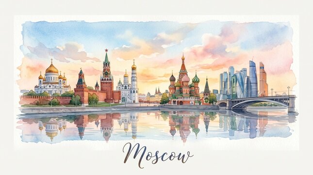 Vibrant watercolor depiction of Moscow's iconic skyline with historic monuments and modern skyscrapers reflecting on the river
