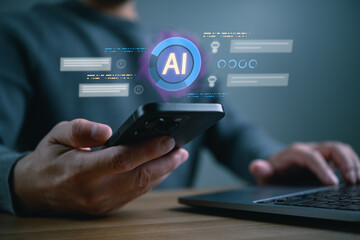 Naklejka premium Man using smartphone with artificial intelligence interface, AI icon and digital data visualization, representing smart technology, automation, machine learning and future business innovation concept