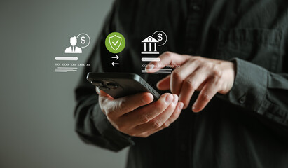 Naklejka premium Businessman using smartphone for secure digital banking transaction, identity verification and online payment system with fintech interface icons, cybersecurity concept, financial technology workflow
