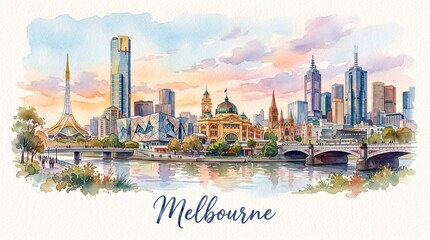 Fototapeta premium Watercolor Illustration of Melbourne's Vibrant Skyline with Historic and Modern Architecture including iconic landmarks and lush