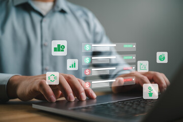 Naklejka premium Investor hands using laptop for online stock trading with digital financial dashboard. Concept of wealth management, currency exchange, investment growth, and analysis of market data.