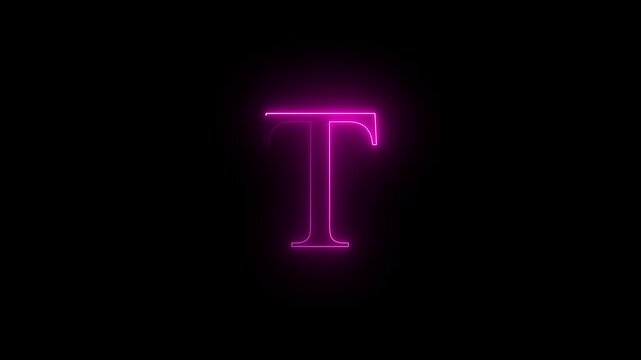 Neon glowing T capital latter text icon animation on black background.  Pink color text icon.