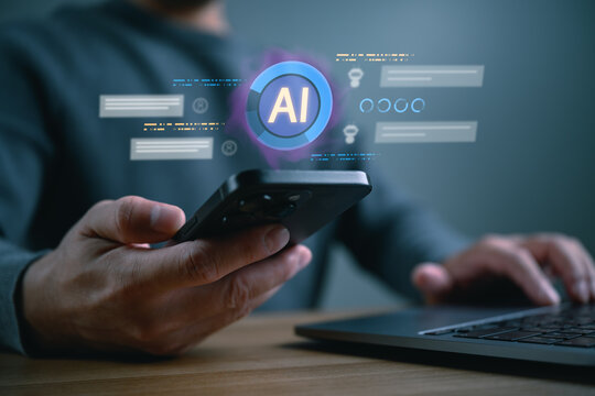 Man using smartphone with artificial intelligence interface, AI icon and digital data visualization, representing smart technology, automation, machine learning and future business innovation concept