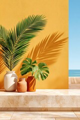 Obraz premium Minimal tropical still life with palm and monstera in vases against a warm yellow wall by the sea